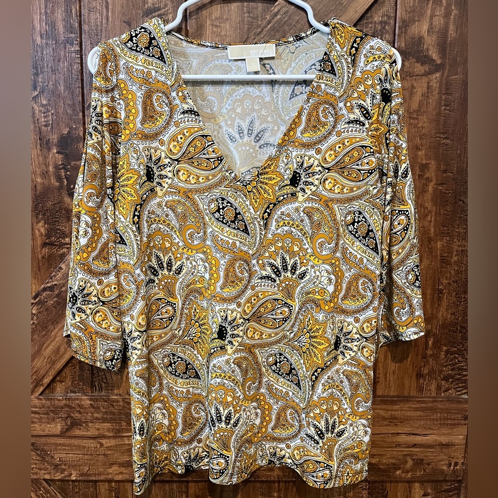 Michael kors Womens yellow black paisley print top flowy 1/2 sleeve floral sz sm
